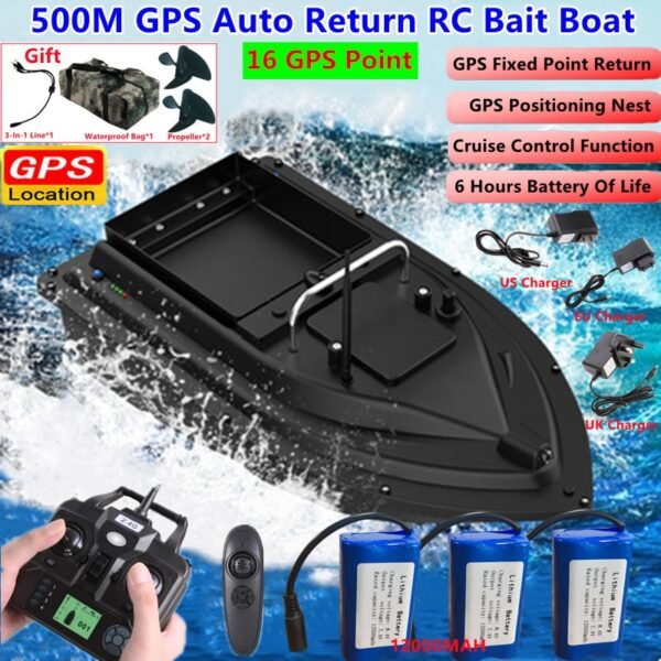16 GPS Nest Waterproof High Speed Remote Control RC Bait Boat 2KG Loading 500M Fixed-Speed Cruise Night Light RC Fishing Boat
