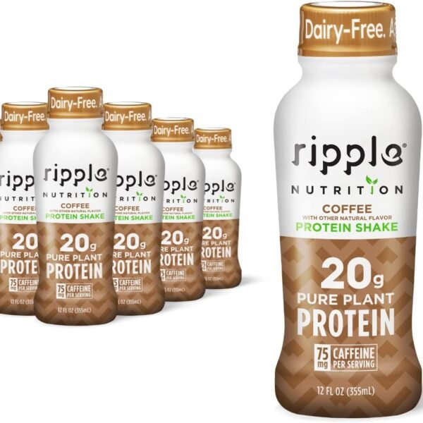 Ripple Vegan Protein Shake | Coffee Flavor | 75mg of Caffeine | 20g Nutritious Plant Based Pea Protein | Shelf Stable | Free of GMOs, Soy, Nut, Gluten, Lactose | 12 oz, Pack of 12