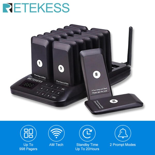 Retekess TD157 Restaurant Pager Buzzer Wireless Call 16 Coaster Receiver For Coffee Food Court Church Nurse Clinic Queue System